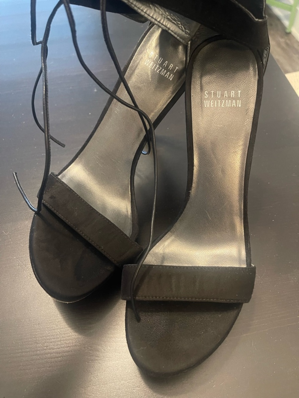 Stuart Weitzman Black Lace-Up Suede Heeled Sandals